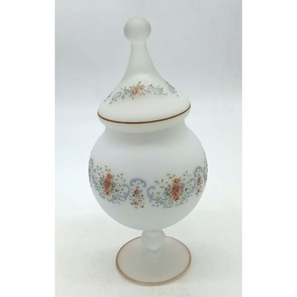 Vintage Rose Bristol White Frosted Glass Candy Dish Footed Pedestal With Lid